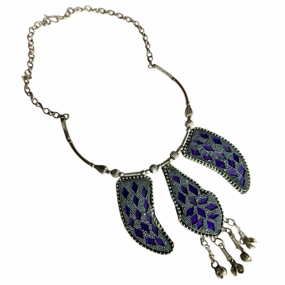 Vintage Himalayan Nepal Style Oxidized Metal Statement Necklace Purple Inlay Bib